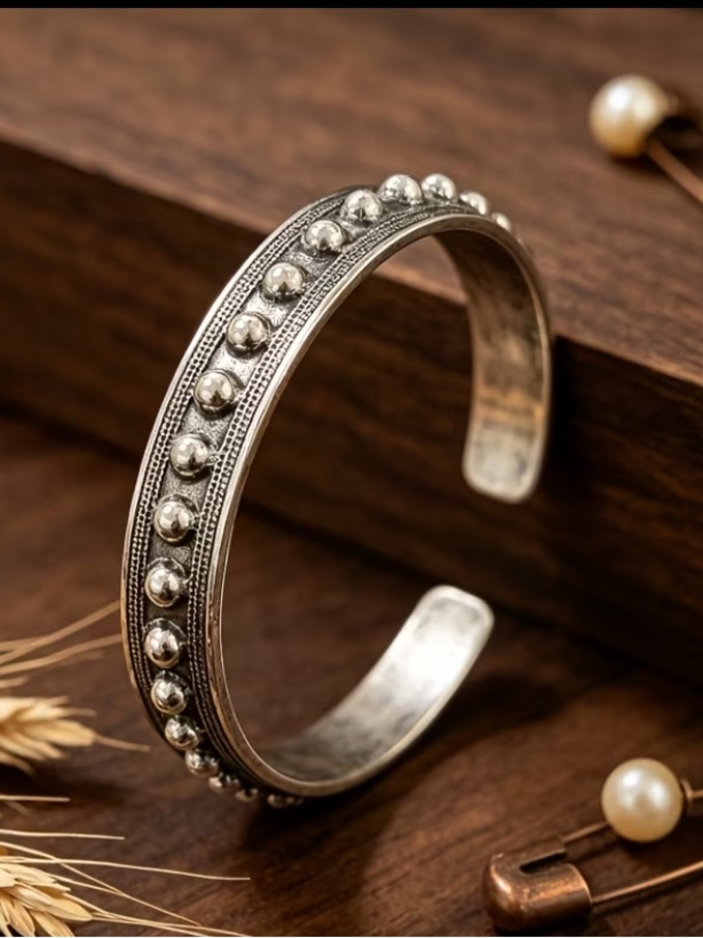Western Style Beaded Embossed Open Bangle Bracelet